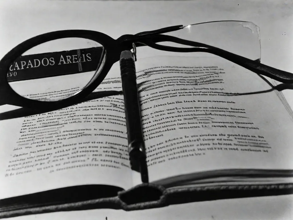 Descrição da imagem: Uma fotografia em preto e branco de um livro antigo e desgastado com o título