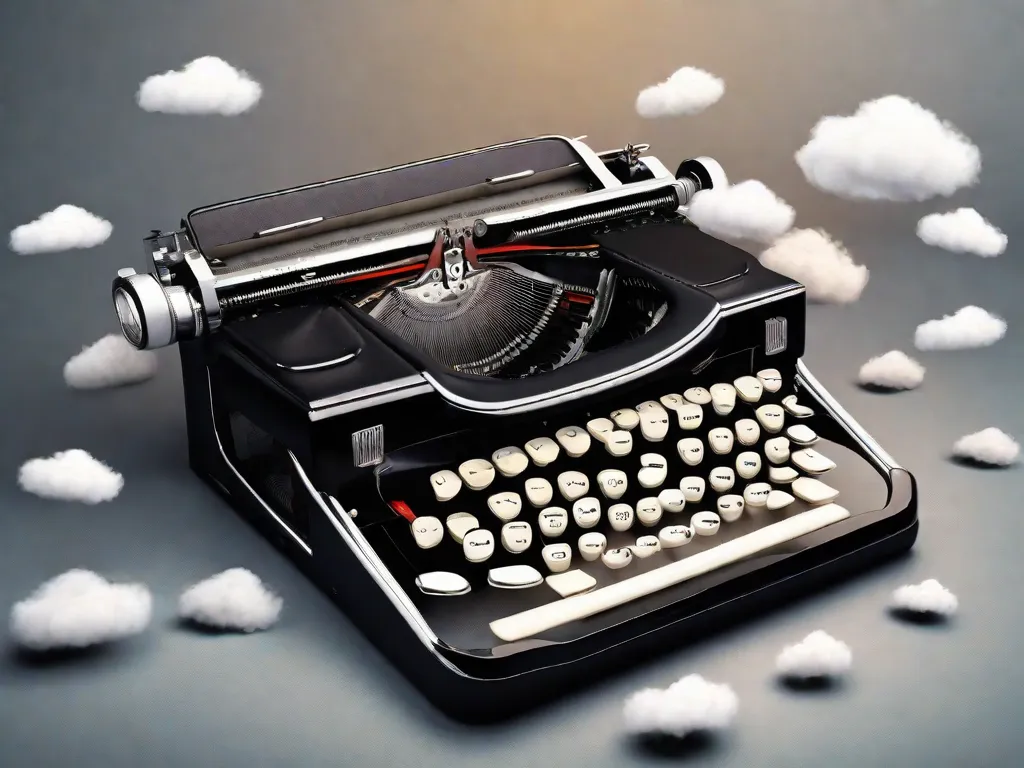 A imagem retrata uma máquina de escrever cercada por uma nuvem de risos. As teclas da máquina de escrever são substituídas por pequenas máscaras de comédia, simbolizando o humor e a ironia presentes na literatura de João Ubaldo Ribeiro. A nuvem de risos representa o impacto e a alegria que sua escrita traz aos leitores.