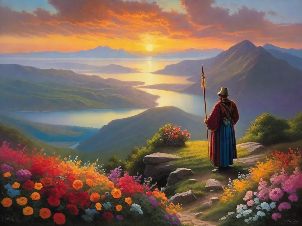 Tema: Diferenças entre Poemas Líricos e Épicos
Descrição: Uma majestosa pintura de paisagem retratando uma figura solitária em pé no topo de uma montanha, cercada por cores vibrantes do pôr do sol. A imagem captura a essência de um poema épico, simbolizando grandiosidade, feitos heroicos e narrativas maiores que a vida. Em contraste,