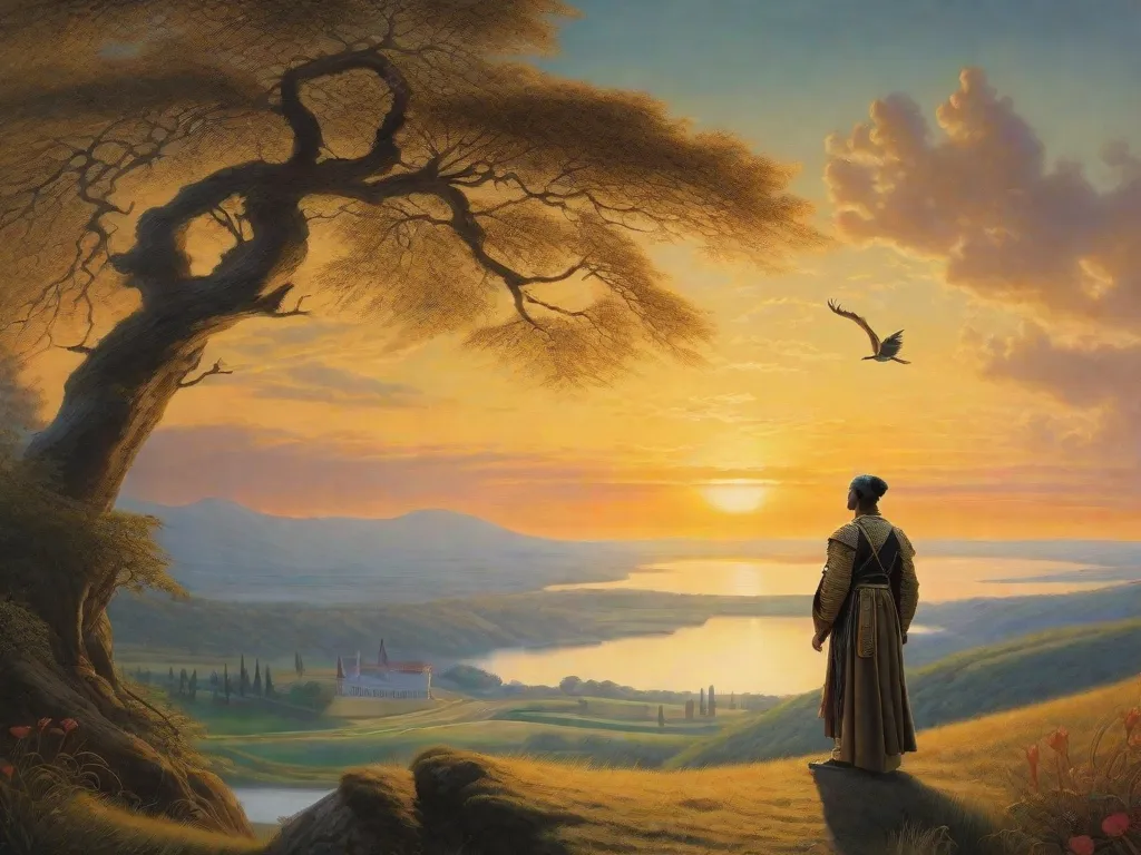 Tema: Diferenças entre Poemas Líricos e Épicos
Descrição: Uma majestosa pintura de paisagem retratando uma figura solitária em pé no topo de uma montanha, cercada por cores vibrantes do pôr do sol. A imagem captura a essência de um poema épico, simbolizando grandiosidade, feitos heroicos e narrativas maiores que a vida. Em contraste,